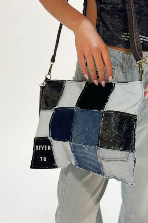 denim and leather clutch side bag SEVEN VIBE