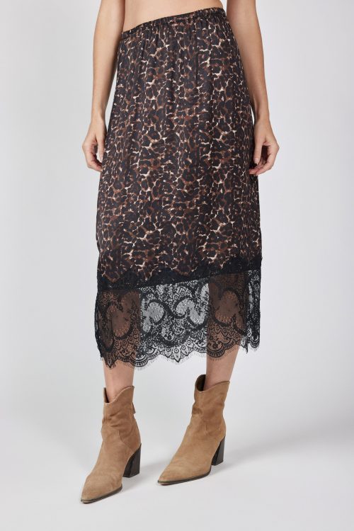 Leopard print satin skirt with lace combination MADE