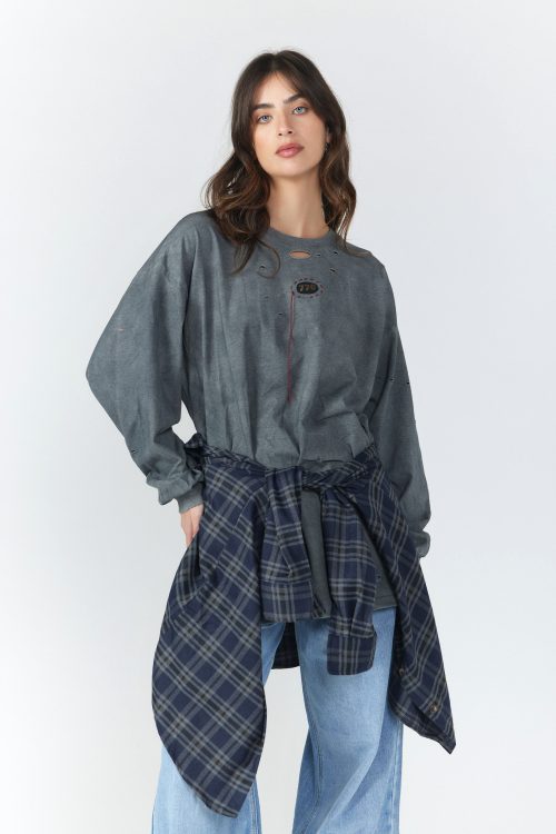 Long tie-front shirt with a combination of fabrics 770