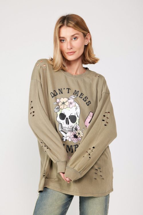 Washed T-shirt with Rips SKULL