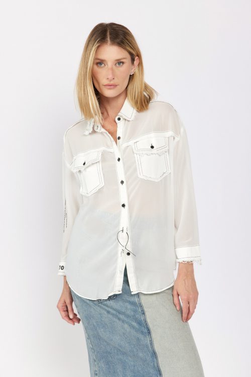 Button-Down Chiffon Shirt with Mixed-Fabric Detail – 770