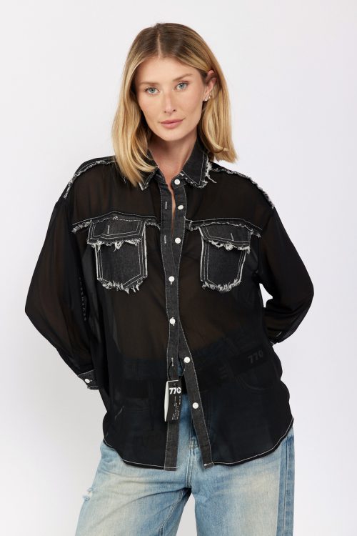 Button-Down Chiffon Shirt with Mixed-Fabric Detail – 770