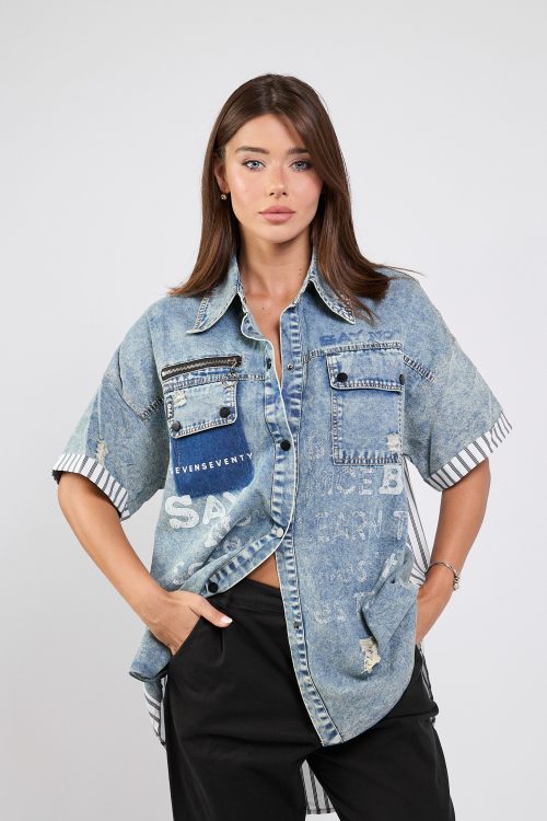 SAY Mixed-Panel Button-Up Shirt