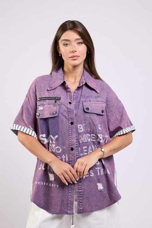 SAY Mixed-Panel Button-Up Shirt