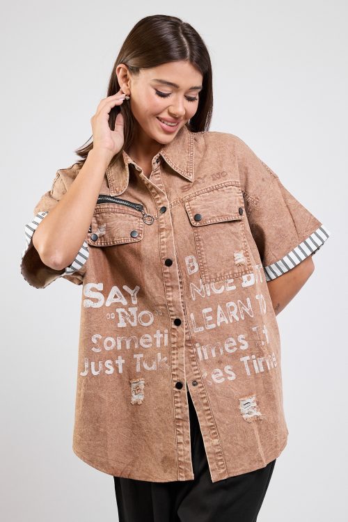 SAY Mixed-Panel Button-Up Shirt